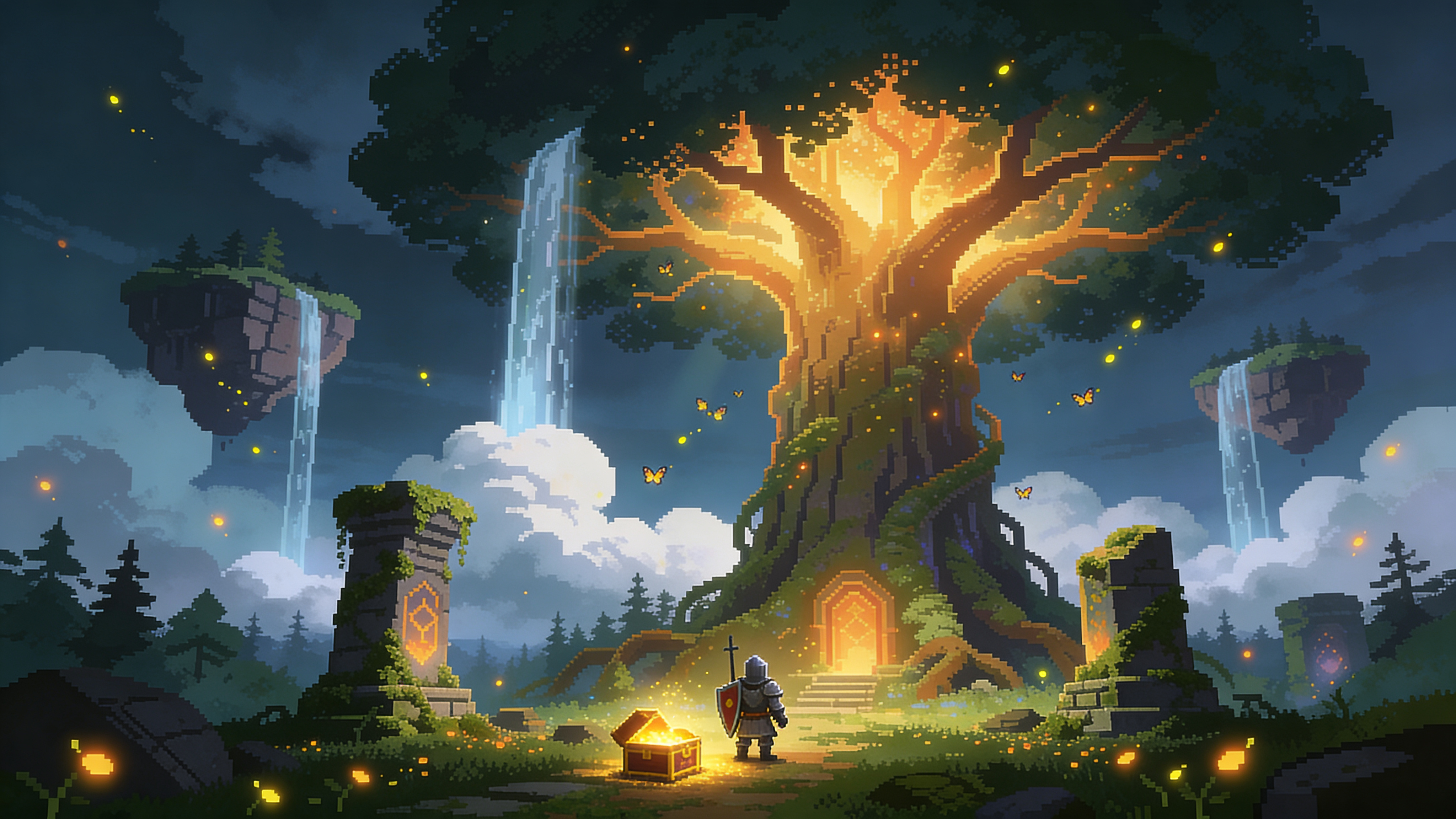 Keep the original pixel art fantasy world, the tiny knight, the enormous glowing ancient tree, floating islands, waterfalls, fireflies, and nostalgic 16-bit RPG atmosphere. Add a small glowing treasure chest near the knight’s feet, slightly open with golden light shining out. Add a few tiny pixel butterflies around the ancient tree. Preserve the same pixel resolution style, color palette, atmospheric lighting, and cinematic composition. Do not make the image look smooth or painterly. Keep the original pixel art fantasy world, the tiny knight, the enormous glowing ancient tree, floating islands, waterfalls, fireflies, and nostalgic 16-bit RPG atmosphere. Add a small glowing treasure chest near the knight’s feet, slightly open with golden light shining out. Add a few tiny pixel butterflies around the ancient tree. Preserve the same pixel resolution style, color palette, atmospheric lighting, and cinematic composition. Do not make the image look smooth or painterly. CVY.AI