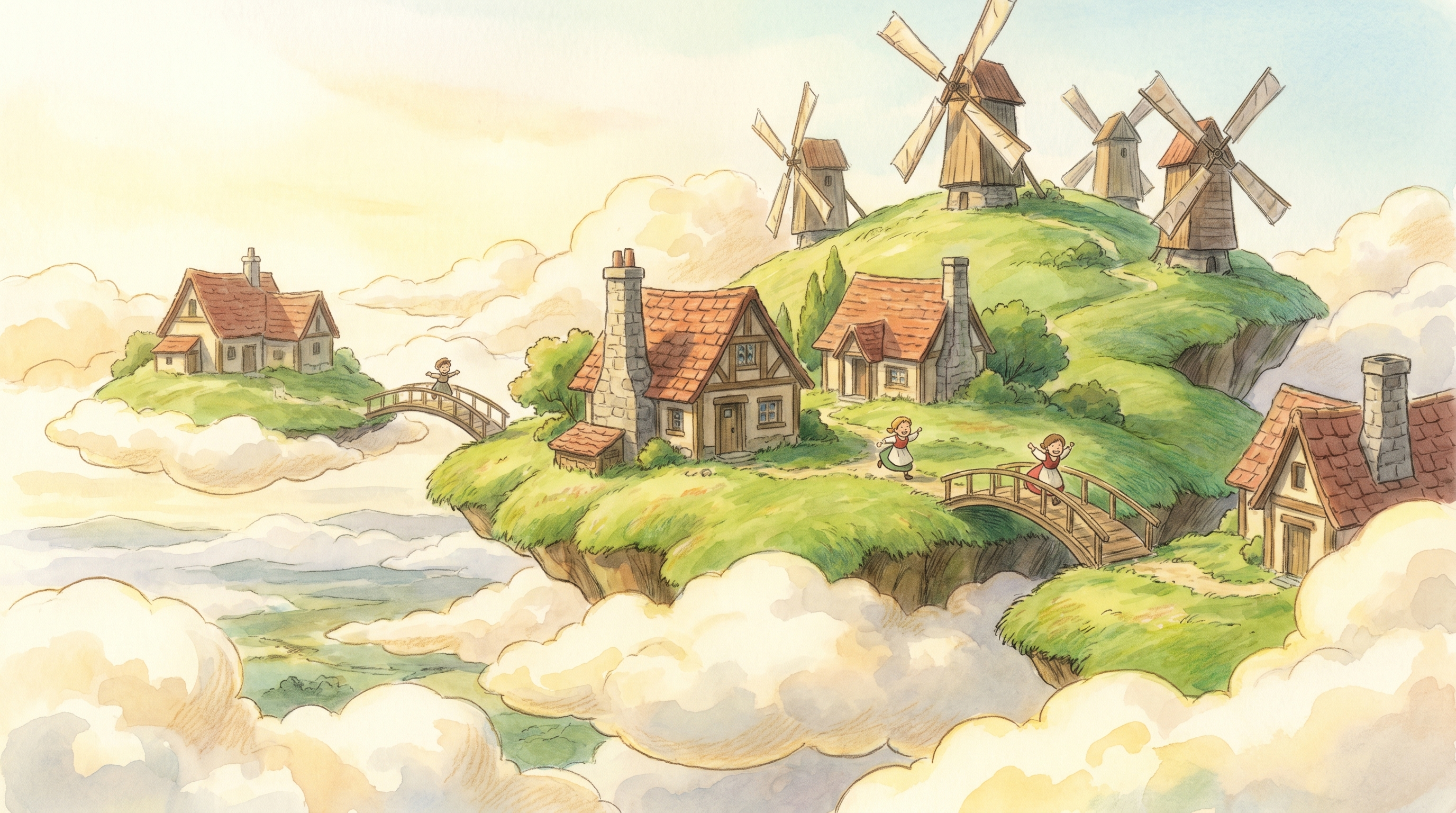 A magical countryside village floating above the clouds, warm morning sunlight, soft green hills, tiny houses with red roofs, windmills slowly turning, children running across wooden bridges, gentle clouds drifting below, cozy and nostalgic atmosphere, hand-painted animation background, soft colors, whimsical fantasy, peaceful and heartwarming, richly detailed, dreamy cinematic scene