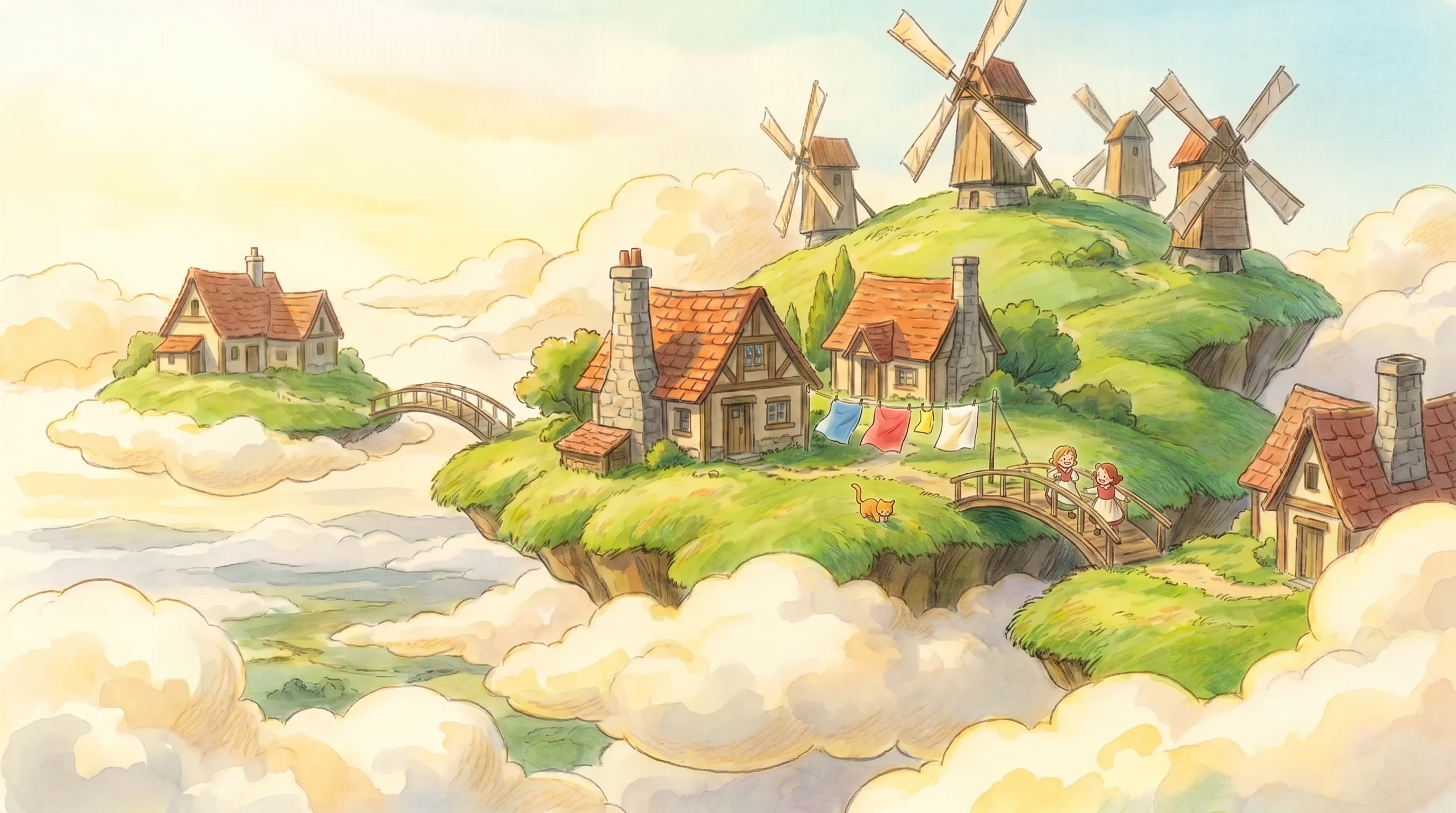 Keep the original floating countryside village, soft hand-painted animation look, warm morning sunlight, and peaceful nostalgic atmosphere. Add a small orange cat sitting on a wooden bridge, looking at the clouds below. Add a few colorful laundry sheets gently waving between two tiny houses. Make the scene feel slightly more lively and heartwarming, while preserving the original Ghibli-inspired softness, colors, and composition. Keep the original floating countryside village, soft hand-painted animation look, warm morning sunlight, and peaceful nostalgic atmosphere. Add a small orange cat sitting on a wooden bridge, looking at the clouds below. Add a few colorful laundry sheets gently waving between two tiny houses. Make the scene feel slightly more lively and heartwarming, while preserving the original Ghibli-inspired softness, colors, and composition. CVY.AI