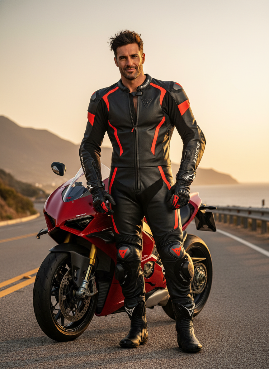 A muscular motorcyclist, dressed in a full Dainese suit, boots, and gloves, but without a helmet, is handsome, dashing, 30 years old, and sexy. A muscular motorcyclist, dressed in a full Dainese suit, boots, and gloves, but without a helmet, is handsome, dashing, 30 years old, and sexy. CVY.AI