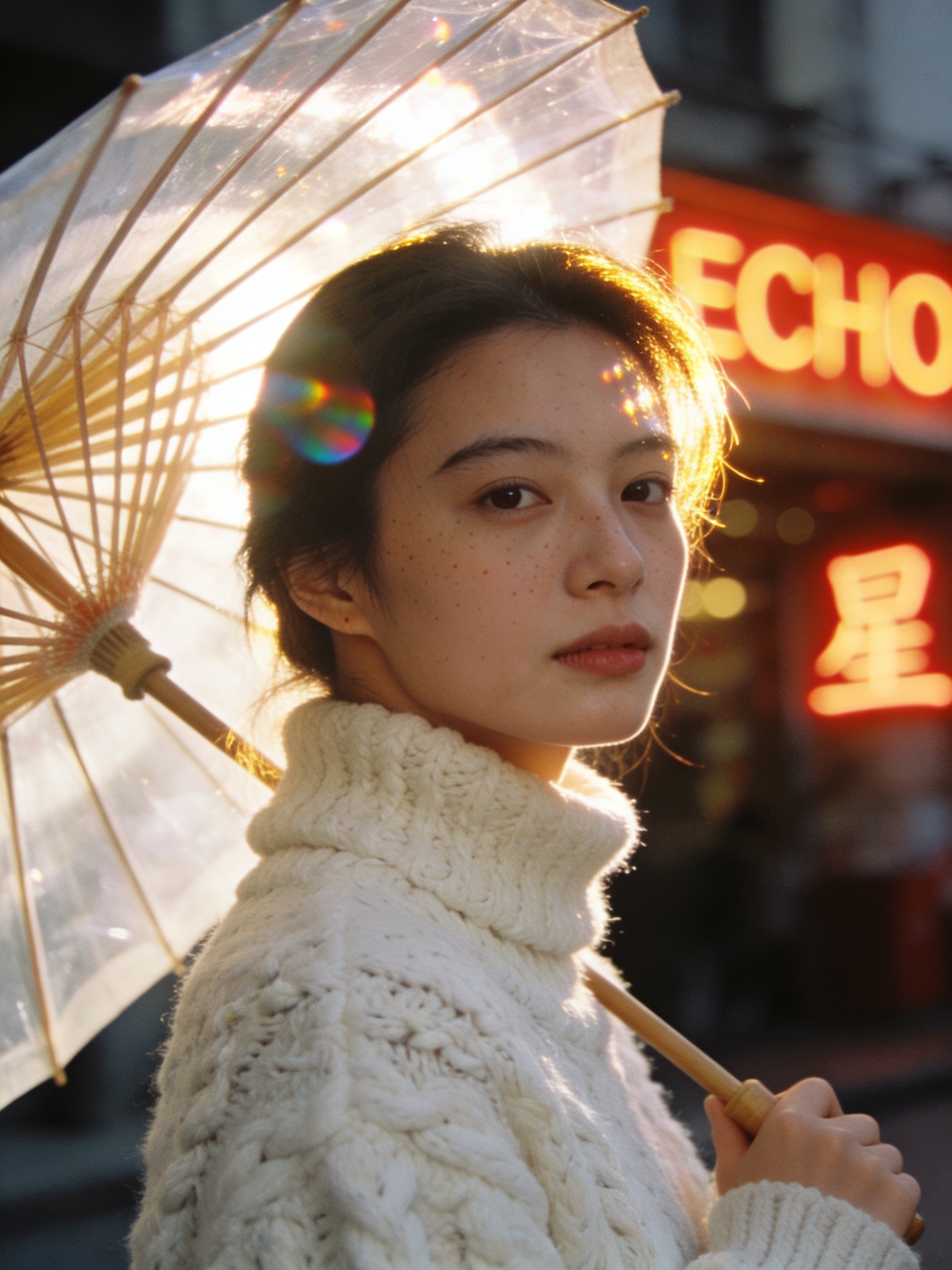 主体:一位年轻女性,半身,侧脸微转向镜头,手中撑着一把传统的半透明油纸伞。
细节:皮肤有真实的纹理和细微的雀斑,无过度磨皮。她穿着一件材质厚重的复古粗针织白毛衣,能看清毛线的编织纹理。
文字渲染:背景是虚化的街景,人物侧后方有一个发光的霓虹灯招牌,招牌上必须清晰地显示英文字母“ECHO”和中文字符“星”。
风格:电影感写实,王家卫风格,柔和的柯达胶片质感。
构图:85mm 长焦,浅景深,人物面部极其清晰,背景呈现漂亮的散景(Bokeh)光斑。
光线:黄昏侧逆光,阳光穿透油纸伞在脸上形成柔和的漫反射,发丝有清晰的金色边缘光(轮廓光)。
画幅:3:4 竖构图。 主体:一位年轻女性,半身,侧脸微转向镜头,手中撑着一把传统的半透明油纸伞。
细节:皮肤有真实的纹理和细微的雀斑,无过度磨皮。她穿着一件材质厚重的复古粗针织白毛衣,能看清毛线的编织纹理。
文字渲染:背景是虚化的街景,人物侧后方有一个发光的霓虹灯招牌,招牌上必须清晰地显示英文字母“ECHO”和中文字符“星”。
风格:电影感写实,王家卫风格,柔和的柯达胶片质感。
构图:85mm 长焦,浅景深,人物面部极其清晰,背景呈现漂亮的散景(Bokeh)光斑。
光线:黄昏侧逆光,阳光穿透油纸伞在脸上形成柔和的漫反射,发丝有清晰的金色边缘光(轮廓光)。
画幅:3:4 竖构图。 CVY.AI