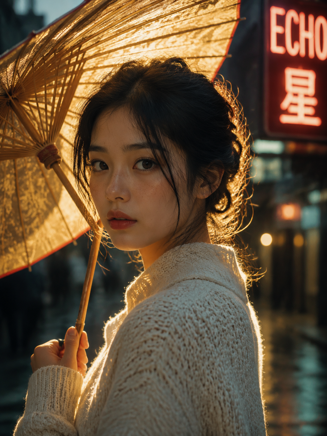 主体:一位年轻女性,半身,侧脸微转向镜头,手中撑着一把传统的半透明油纸伞。
细节:皮肤有真实的纹理和细微的雀斑,无过度磨皮。她穿着一件材质厚重的复古粗针织白毛衣,能看清毛线的编织纹理。
文字渲染:背景是虚化的街景,人物侧后方有一个发光的霓虹灯招牌,招牌上必须清晰地显示英文字母“ECHO”和中文字符“星”。
风格:电影感写实,王家卫风格,柔和的柯达胶片质感。
构图:85mm 长焦,浅景深,人物面部极其清晰,背景呈现漂亮的散景(Bokeh)光斑。
光线:黄昏侧逆光,阳光穿透油纸伞在脸上形成柔和的漫反射,发丝有清晰的金色边缘光(轮廓光)。
画幅:3:4 竖构图。 主体:一位年轻女性,半身,侧脸微转向镜头,手中撑着一把传统的半透明油纸伞。
细节:皮肤有真实的纹理和细微的雀斑,无过度磨皮。她穿着一件材质厚重的复古粗针织白毛衣,能看清毛线的编织纹理。
文字渲染:背景是虚化的街景,人物侧后方有一个发光的霓虹灯招牌,招牌上必须清晰地显示英文字母“ECHO”和中文字符“星”。
风格:电影感写实,王家卫风格,柔和的柯达胶片质感。
构图:85mm 长焦,浅景深,人物面部极其清晰,背景呈现漂亮的散景(Bokeh)光斑。
光线:黄昏侧逆光,阳光穿透油纸伞在脸上形成柔和的漫反射,发丝有清晰的金色边缘光(轮廓光)。
画幅:3:4 竖构图。 CVY.AI