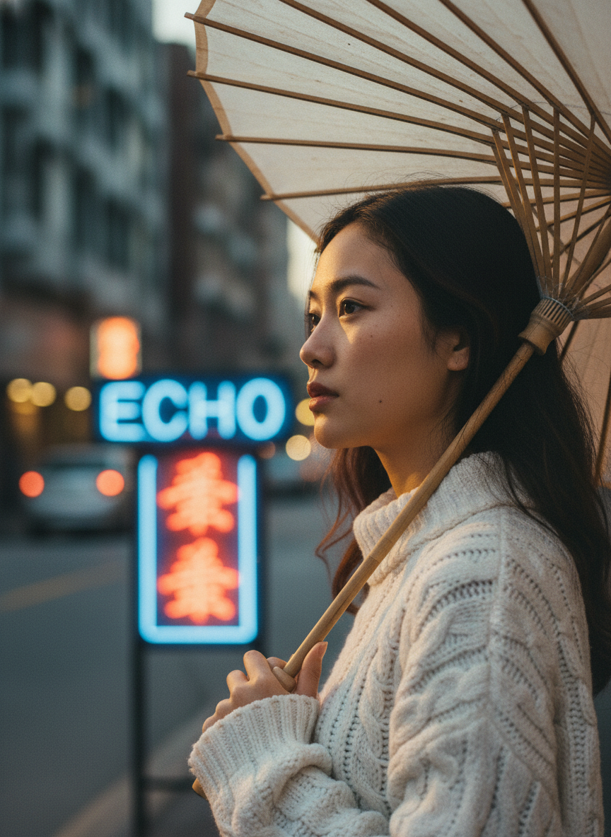 主体:一位年轻女性,半身,侧脸微转向镜头,手中撑着一把传统的半透明油纸伞。
细节:皮肤有真实的纹理和细微的雀斑,无过度磨皮。她穿着一件材质厚重的复古粗针织白毛衣,能看清毛线的编织纹理。
文字渲染:背景是虚化的街景,人物侧后方有一个发光的霓虹灯招牌,招牌上必须清晰地显示英文字母“ECHO”和中文字符“星”。
风格:电影感写实,王家卫风格,柔和的柯达胶片质感。
构图:85mm 长焦,浅景深,人物面部极其清晰,背景呈现漂亮的散景(Bokeh)光斑。
光线:黄昏侧逆光,阳光穿透油纸伞在脸上形成柔和的漫反射,发丝有清晰的金色边缘光(轮廓光)。
画幅:3:4 竖构图。 主体:一位年轻女性,半身,侧脸微转向镜头,手中撑着一把传统的半透明油纸伞。
细节:皮肤有真实的纹理和细微的雀斑,无过度磨皮。她穿着一件材质厚重的复古粗针织白毛衣,能看清毛线的编织纹理。
文字渲染:背景是虚化的街景,人物侧后方有一个发光的霓虹灯招牌,招牌上必须清晰地显示英文字母“ECHO”和中文字符“星”。
风格:电影感写实,王家卫风格,柔和的柯达胶片质感。
构图:85mm 长焦,浅景深,人物面部极其清晰,背景呈现漂亮的散景(Bokeh)光斑。
光线:黄昏侧逆光,阳光穿透油纸伞在脸上形成柔和的漫反射,发丝有清晰的金色边缘光(轮廓光)。
画幅:3:4 竖构图。 CVY.AI