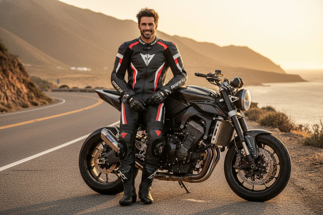 A muscular motorcyclist, dressed in a full Dainese suit, boots, and gloves, but without a helmet, is handsome, dashing, 30 years old, and sexy. A muscular motorcyclist, dressed in a full Dainese suit, boots, and gloves, but without a helmet, is handsome, dashing, 30 years old, and sexy. CVY.AI