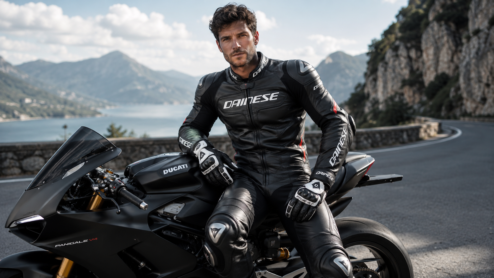 A muscular motorcyclist, dressed in a full Dainese suit, boots, and gloves, but without a helmet, is handsome, dashing, 30 years old, and sexy. A muscular motorcyclist, dressed in a full Dainese suit, boots, and gloves, but without a helmet, is handsome, dashing, 30 years old, and sexy. CVY.AI
