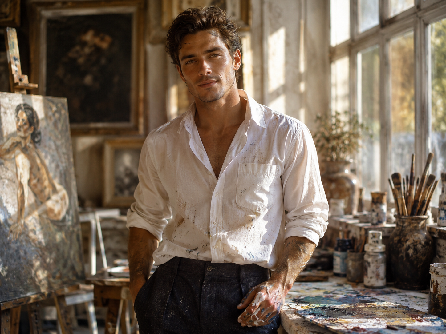 A handsome adult male artist standing in a sunlit painting studio, wearing a slightly loose white shirt with rolled-up sleeves and dark trousers, paint marks on his hands, warm afternoon light through large windows, canvases and brushes around him, calm confident gaze, tasteful romantic atmosphere, cinematic portrait photography, realistic, elegant and charming