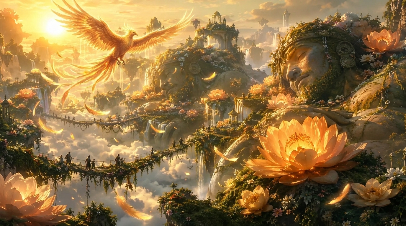 Keep the original floating fantasy garden above the clouds, sleeping ancient giants, colossal glowing flowers, waterfalls, tiny human explorers, vine bridges, golden sunrise light, and soft mist. Add a majestic phoenix made of warm golden light flying above the sleeping giants, with glowing feathers drifting downward into the garden. Add subtle golden highlights on the flower petals and cloud mist. Do not change the giants’ positions or the explorers’ scale. Preserve the epic fantasy scale, dreamlike atmosphere, and cinematic composition. Keep the original floating fantasy garden above the clouds, sleeping ancient giants, colossal glowing flowers, waterfalls, tiny human explorers, vine bridges, golden sunrise light, and soft mist. Add a majestic phoenix made of warm golden light flying above the sleeping giants, with glowing feathers drifting downward into the garden. Add subtle golden highlights on the flower petals and cloud mist. Do not change the giants’ positions or the explorers’ scale. Preserve the epic fantasy scale, dreamlike atmosphere, and cinematic composition. CVY.AI