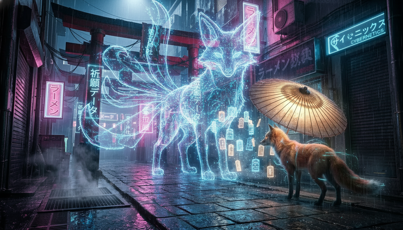 Keep the original cyberpunk shrine, rainy neon alley, torii gates, holographic kanji signs, wet reflective pavement, and fox spirit under the umbrella. Add a giant translucent holographic kitsune spirit emerging behind the shrine, with nine glowing tails made of blue and magenta light. Add more rain droplets catching neon reflections, and make the floating digital prayer tablets swirl gently around the fox spirit. Preserve the original composition, Japanese sci-fi fantasy mood, cinematic lighting, and high-detail neon atmosphere. Keep the original cyberpunk shrine, rainy neon alley, torii gates, holographic kanji signs, wet reflective pavement, and fox spirit under the umbrella. Add a giant translucent holographic kitsune spirit emerging behind the shrine, with nine glowing tails made of blue and magenta light. Add more rain droplets catching neon reflections, and make the floating digital prayer tablets swirl gently around the fox spirit. Preserve the original composition, Japanese sci-fi fantasy mood, cinematic lighting, and high-detail neon atmosphere. CVY.AI