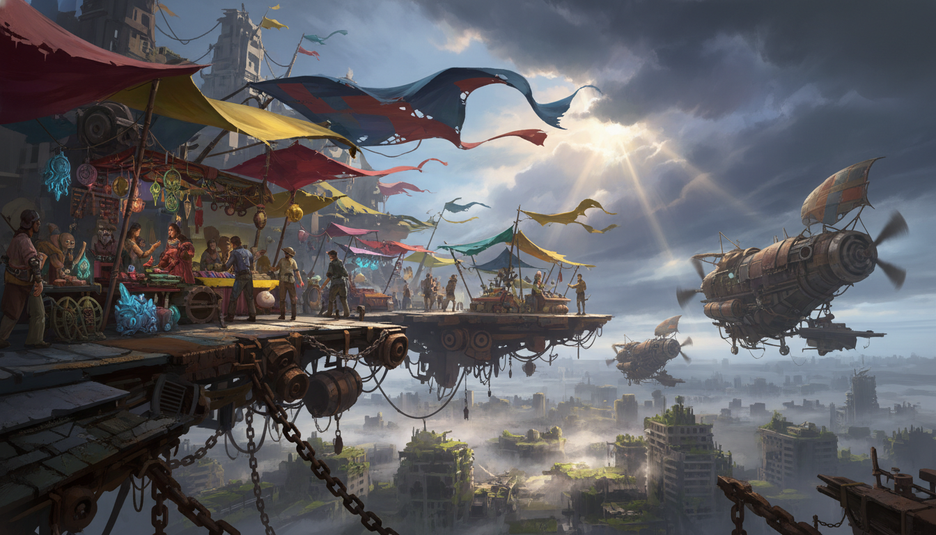 A spectacular post-apocalyptic sky market built on floating metal platforms above a ruined city, colorful fabric canopies waving in strong wind, merchants trading strange relics and glowing artifacts, patched airships docking nearby, sunlight breaking through storm clouds, rusted machinery mixed with vibrant life, cinematic composition, ultra-detailed, adventurous atmosphere, concept art, 8k A spectacular post-apocalyptic sky market built on floating metal platforms above a ruined city, colorful fabric canopies waving in strong wind, merchants trading strange relics and glowing artifacts, patched airships docking nearby, sunlight breaking through storm clouds, rusted machinery mixed with vibrant life, cinematic composition, ultra-detailed, adventurous atmosphere, concept art, 8k CVY.AI