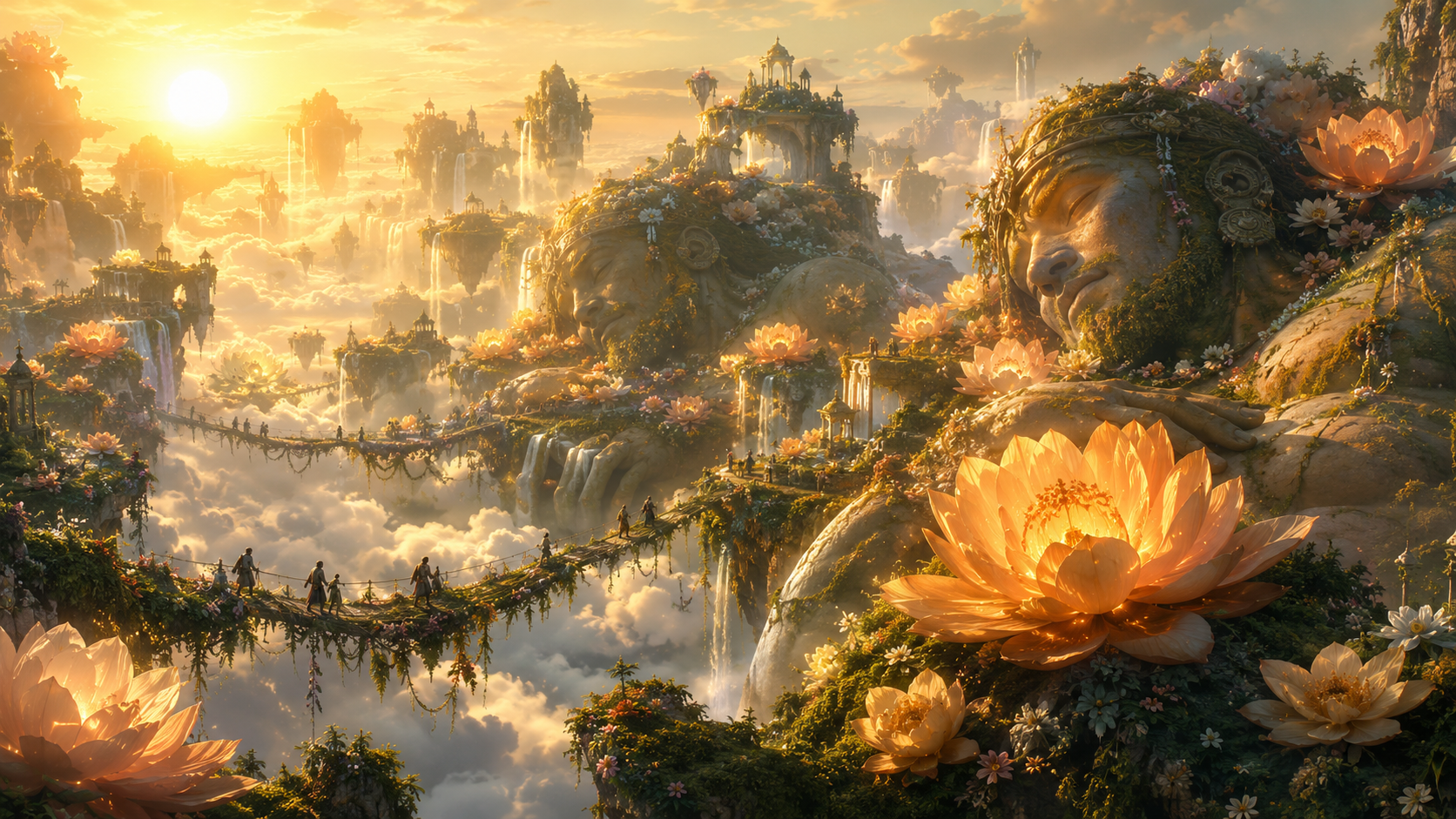 A breathtaking fantasy garden floating above the clouds, enormous ancient giants sleeping peacefully among colossal glowing flowers, waterfalls falling from cloud islands into the sky, tiny human explorers walking across vine bridges, golden sunrise light, soft mist, magical atmosphere, epic scale, highly detailed, cinematic composition, dreamlike fantasy concept art, 8k