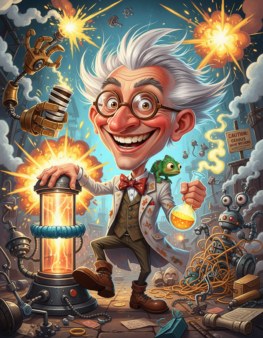 A stunning caricature-style illustration of an eccentric inventor standing proudly in a chaotic laboratory, huge expressive eyes, oversized head, wild hair, tiny round glasses, exaggerated confident grin, strange machines exploding with colorful sparks behind him, mechanical arms holding blueprints and coffee cups, humorous details everywhere, highly polished digital illustration, vibrant colors, dynamic composition, playful and charming