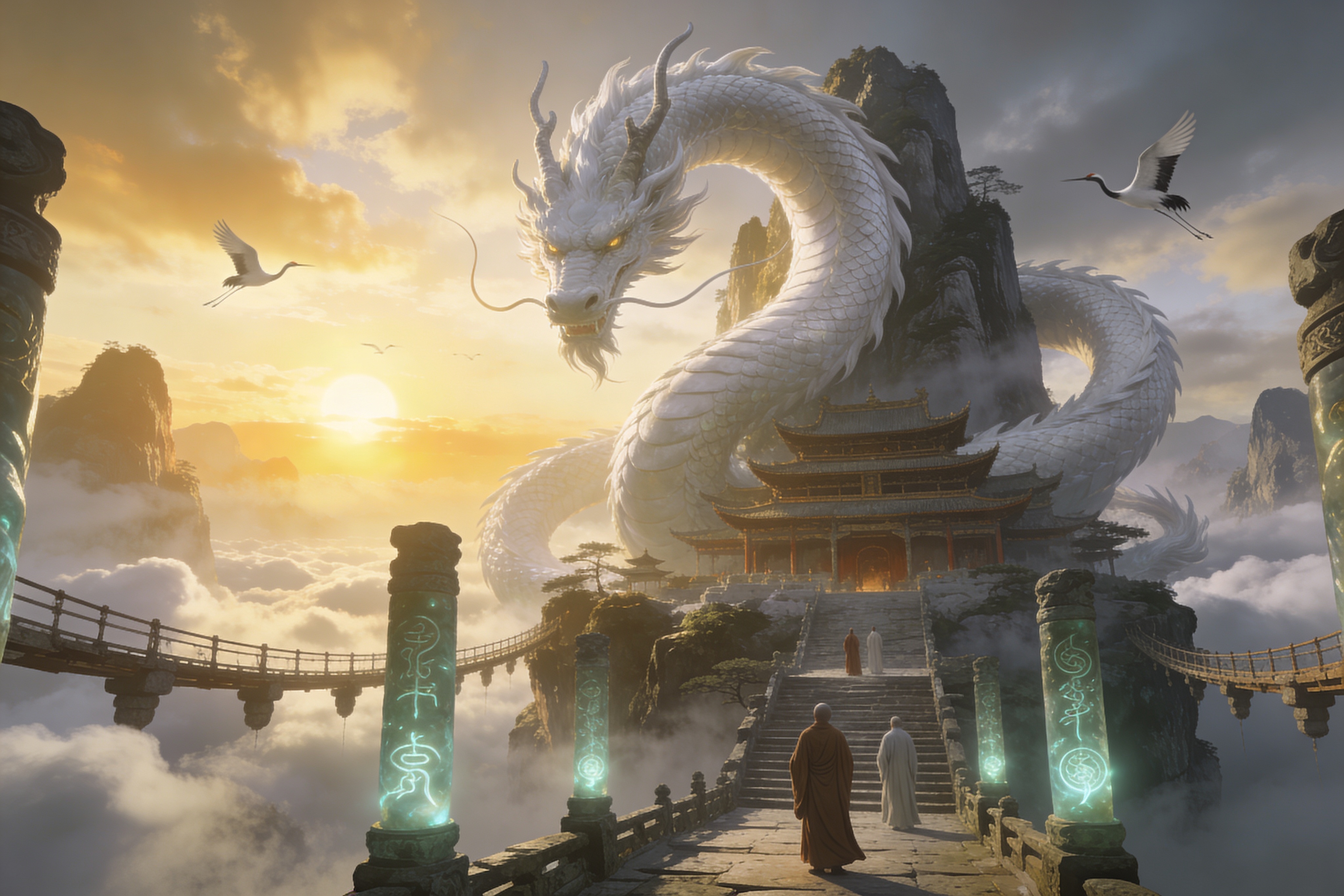 An epic ancient Eastern fantasy scene, a colossal white dragon coiling around a floating mountain temple above a sea of clouds, golden sunrise breaking through mist, ancient stone bridges suspended in the sky, monks in flowing robes standing silently on the temple steps, glowing runes carved into jade pillars, cranes flying through the clouds, majestic and mysterious atmosphere, cinematic composition, ultra-detailed, volumetric light, fantasy concept art, dramatic scale, 8k