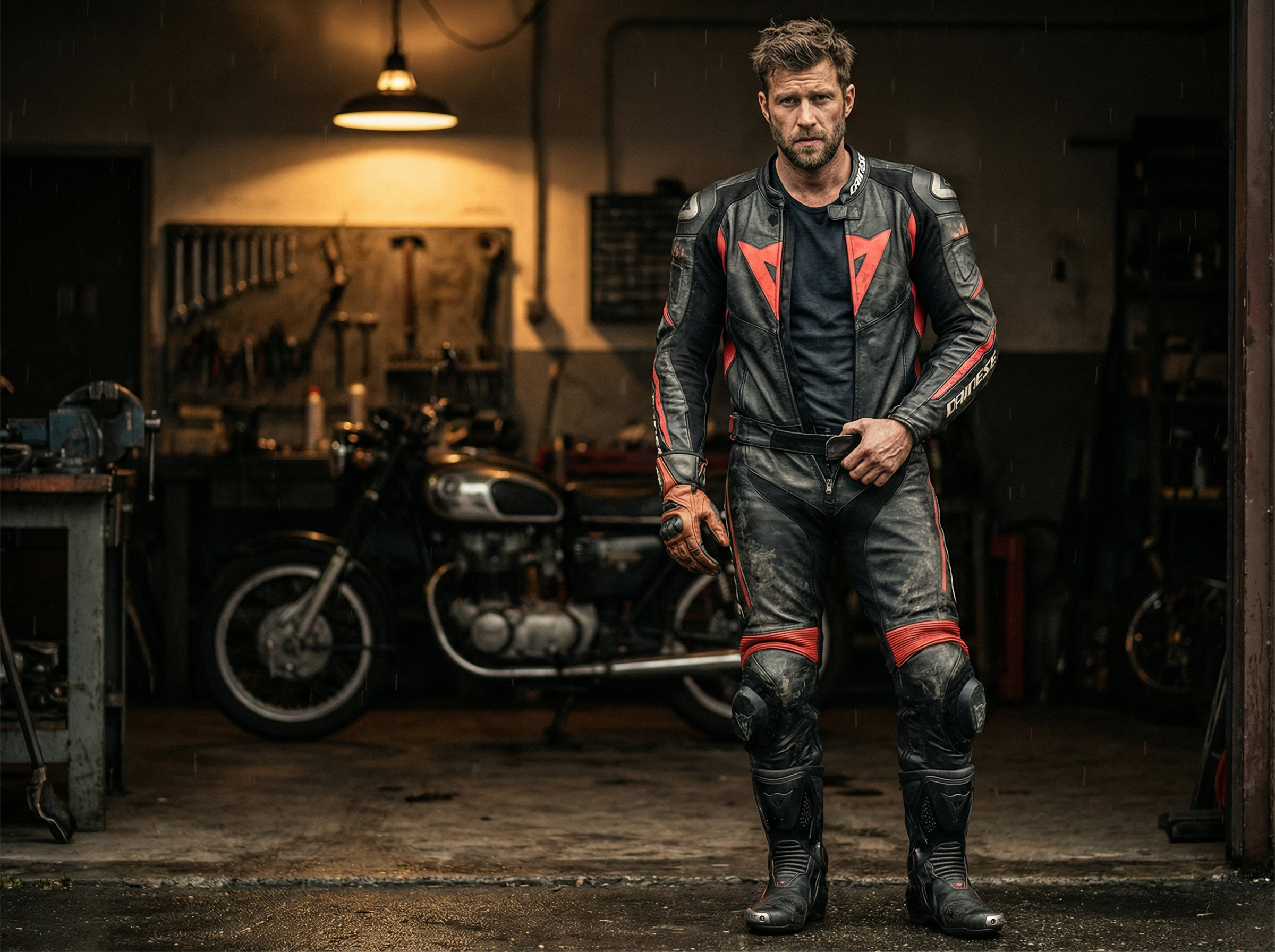 A muscular motorcyclist, dressed in a full Dainese suit, boots, and gloves, but without a helmet, is handsome, dashing, 30 years old, and sexy.