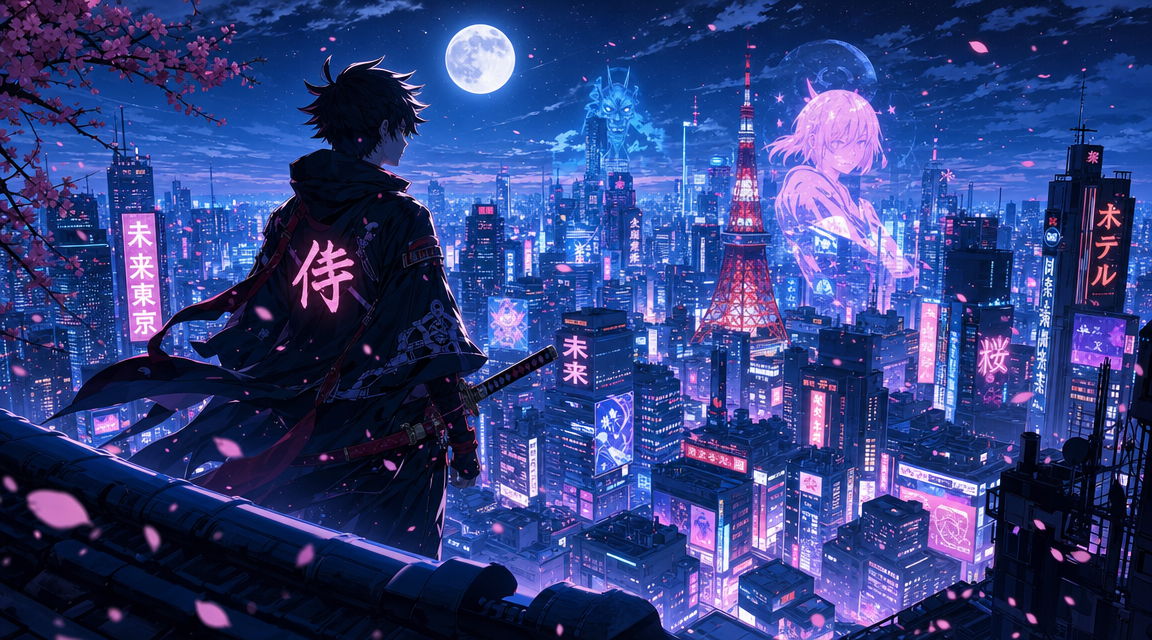 A stunning Japanese anime scene of a young hero standing on a rooftop at night, overlooking a futuristic Tokyo skyline filled with glowing holograms and neon signs, cherry blossoms drifting through the air, dramatic moonlight, intense emotional atmosphere, dynamic composition, highly detailed anime art, vibrant colors, cinematic lighting, sharp linework, beautiful background art, epic and emotional A stunning Japanese anime scene of a young hero standing on a rooftop at night, overlooking a futuristic Tokyo skyline filled with glowing holograms and neon signs, cherry blossoms drifting through the air, dramatic moonlight, intense emotional atmosphere, dynamic composition, highly detailed anime art, vibrant colors, cinematic lighting, sharp linework, beautiful background art, epic and emotional CVY.AI
