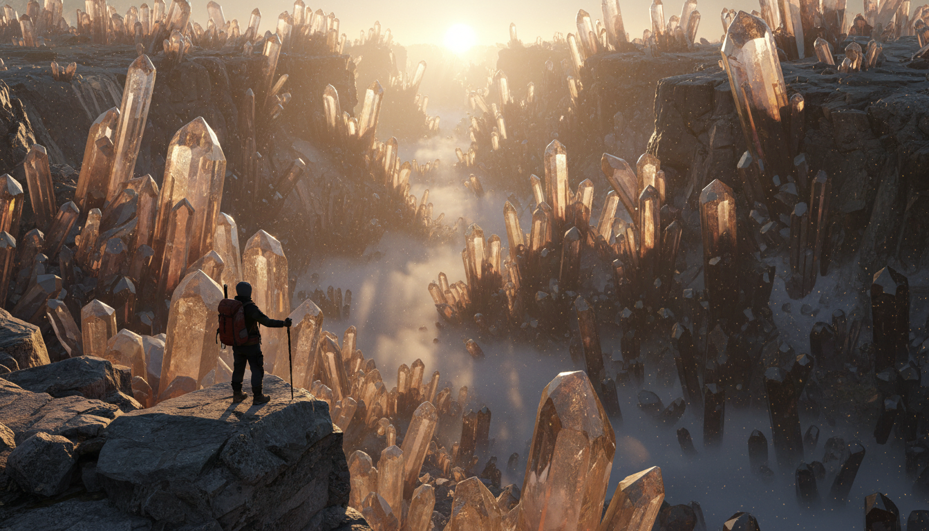 A breathtaking ultra-realistic scene of a lone explorer standing on the edge of a massive crystal canyon at sunrise, thousands of translucent crystal pillars reflecting golden light, mist flowing through the canyon like a river, tiny floating dust particles illuminated by the sun, highly detailed textures, realistic atmosphere, cinematic composition, natural lighting, sharp focus, photorealistic, extremely detailed, 8k, epic scale A breathtaking ultra-realistic scene of a lone explorer standing on the edge of a massive crystal canyon at sunrise, thousands of translucent crystal pillars reflecting golden light, mist flowing through the canyon like a river, tiny floating dust particles illuminated by the sun, highly detailed textures, realistic atmosphere, cinematic composition, natural lighting, sharp focus, photorealistic, extremely detailed, 8k, epic scale CVY.AI