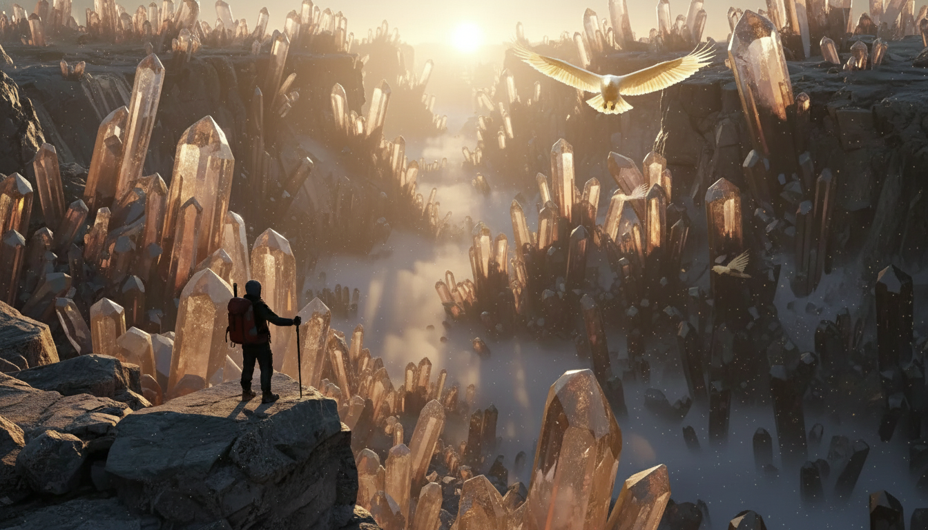 Keep the original composition, camera angle, lighting style, and ultra-realistic visual quality. Add a majestic white eagle flying across the crystal canyon sky, with its wings catching the golden sunrise light. Add subtle reflections of the eagle on several crystal pillars. Enhance the morning mist slightly, but do not change the explorer’s pose, clothing, or position. Maintain photorealistic textures, natural cinematic lighting, epic scale, and sharp focus. Keep the original composition, camera angle, lighting style, and ultra-realistic visual quality. Add a majestic white eagle flying across the crystal canyon sky, with its wings catching the golden sunrise light. Add subtle reflections of the eagle on several crystal pillars. Enhance the morning mist slightly, but do not change the explorer’s pose, clothing, or position. Maintain photorealistic textures, natural cinematic lighting, epic scale, and sharp focus. CVY.AI