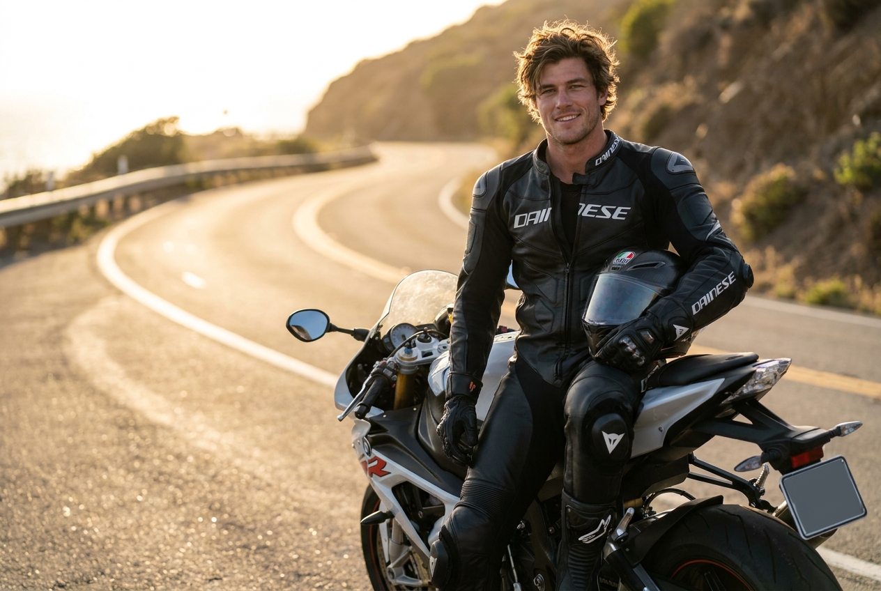 A muscular motorcyclist, dressed in a full Dainese suit, boots, and gloves, but without a helmet, is handsome, dashing, 30 years old, and sexy. A muscular motorcyclist, dressed in a full Dainese suit, boots, and gloves, but without a helmet, is handsome, dashing, 30 years old, and sexy. CVY.AI