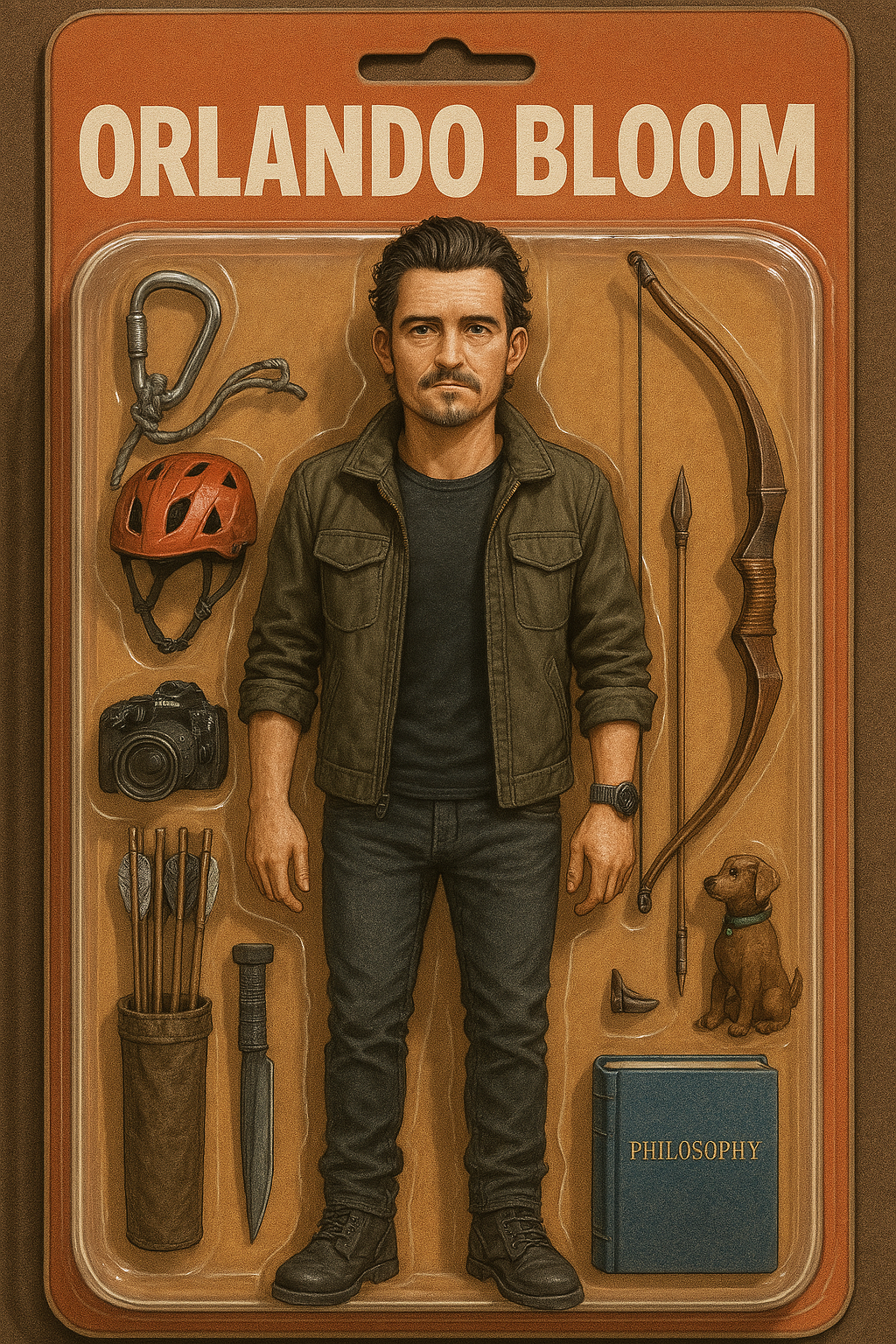 Create an illustration of "Orlando Bloom" as a realistic action figure. Make it highly detailed using what you know about his personality and interests. Include several unique items inside the packaging that symbolize who he is. CVY.AI