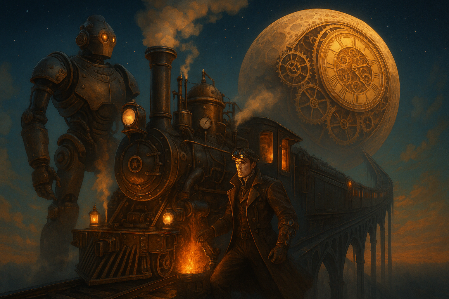A man drives a very old train to the moon, with a steam-powered robot alongside him.