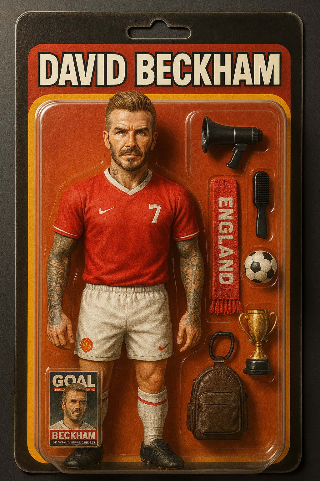 Create an illustration of "David Beckham" as a realistic action figure. Make it highly detailed using what you know about his personality and interests. Include several unique items inside the packaging that symbolize who he is. CVY.AI