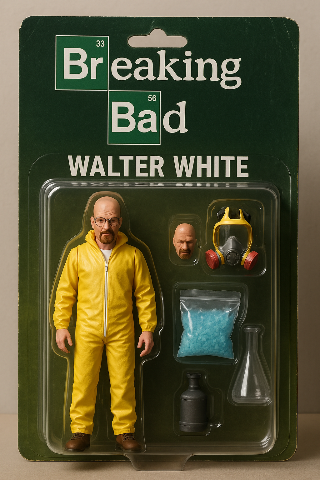 创建一个Breaking Bad的Walter White,的人物的手办玩具。让它成为一个动作人偶。在人偶旁边，应该有跟他相关的玩具的装备。此外，在盒子的顶部，写上"Breaking Bad"，在下面写上"Walter White"。以一种现实的方式来可视化这个场景。