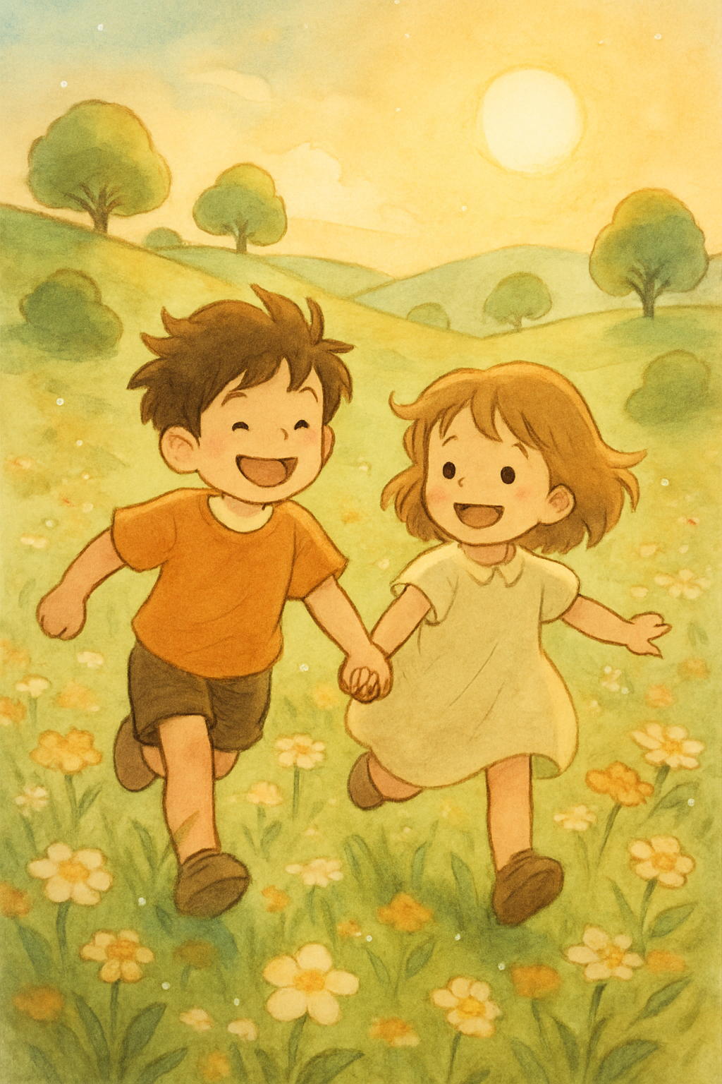a boy is running with a girl, hand in hand