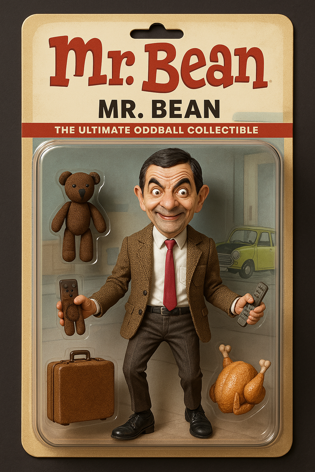 Create a realistic and humorous action figure of Mr. Bean, the iconic British comedy character played by Rowan Atkinson. 

The figure should be designed as a collectible action toy, capturing his quirky personality and classic look.  
Key Elements:  

Character Design:  Accurately depict Mr. Bean’s exaggerated facial expression, distinctive features, and comedic body posture.  

Outfit: Signature brown tweed jacket, white shirt, thin red tie, dark trousers, and black shoes.  Include a slightly awkward or goofy pose that reflects his clumsy yet lovable charm.  Accessories:  Include miniature props that are instantly recognizable from the show, such as:  Teddy (his beloved stuffed bear)  A suitcase  His iconic lime green Mini car (as a miniature or on the box design)  A turkey (as a reference to the famous holiday episode)  A TV remote or random quirky objects that fit his antics  

Packaging Design:  Place the action figure inside a detailed, collectible toy box.  At the top of the box, display the title Mr. Bean in playful, bold lettering.  Beneath that, include the character name "Mr. Bean", possibly with a humorous tagline like “The Ultimate Oddball Collectible.”  The background design can feature a silly scene from the show (like his apartment or the car park).  

Visual Style:  Render the entire figure, accessories, and packaging in a highly realistic, slightly cartoonish style to capture the essence of the character while keeping a lifelike toy aesthetic. CVY.AI